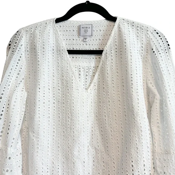 Noble 31 White Eyelet Bishop Sleeve Blouse V-Neck Cotton Size S - Picture 5 of 12